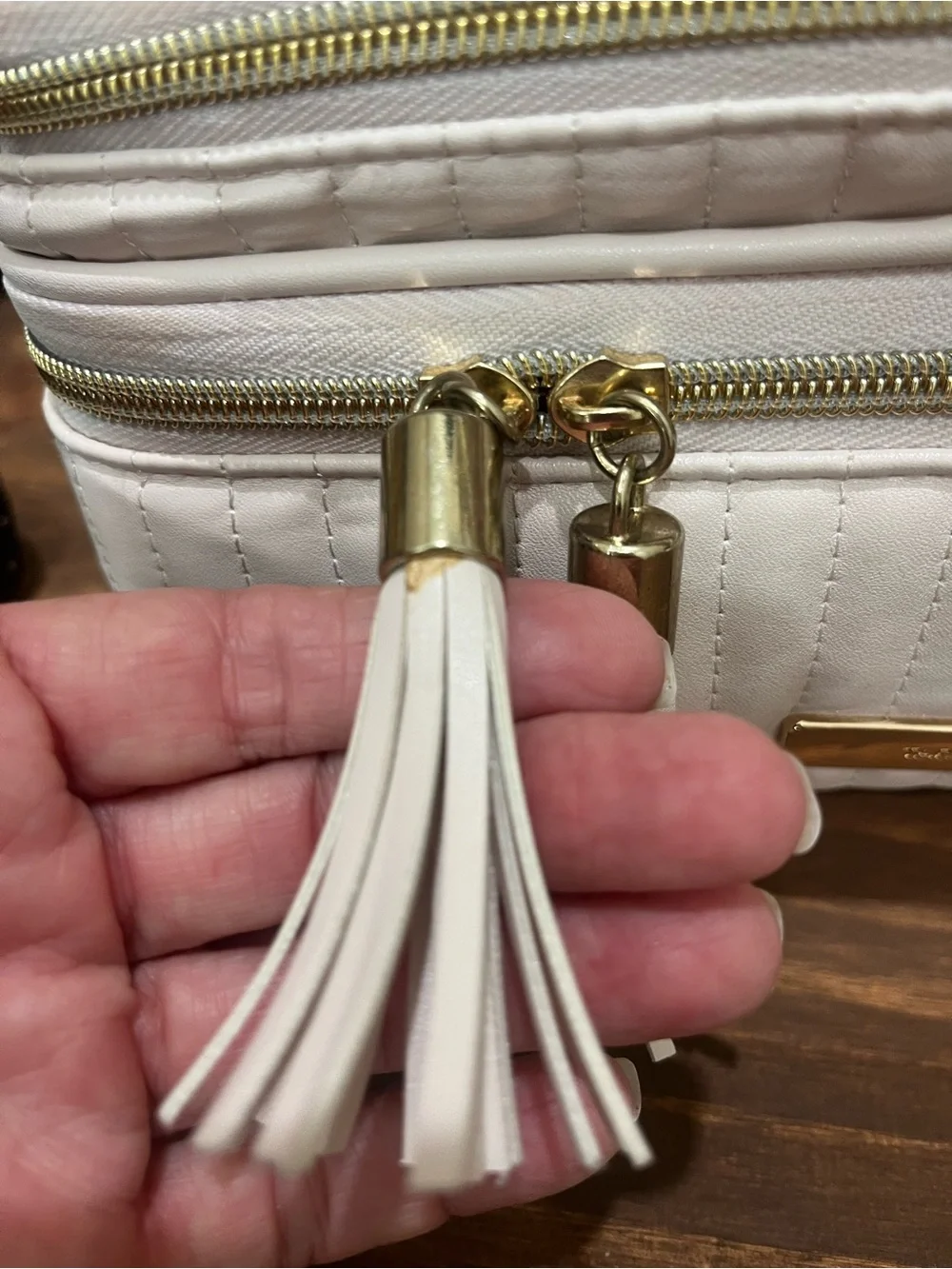 $98 TARTAN + Twine Cream Quilted Cosmetic & Toiletry Travel Case w/Tassel Zipper